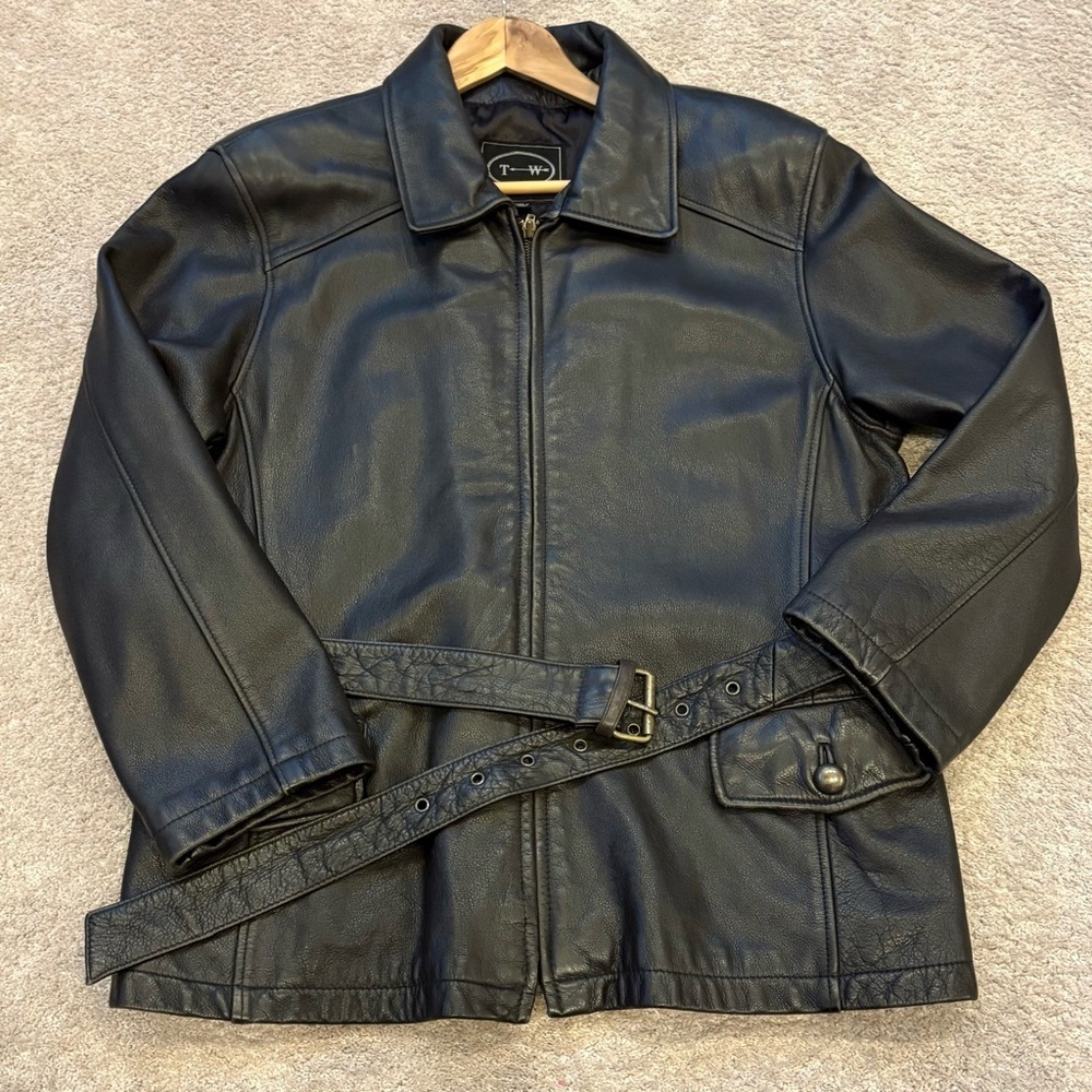 VTG 90s Tannery West Leather Black Brown Belt Collar Zip Jacket Coat Women XL